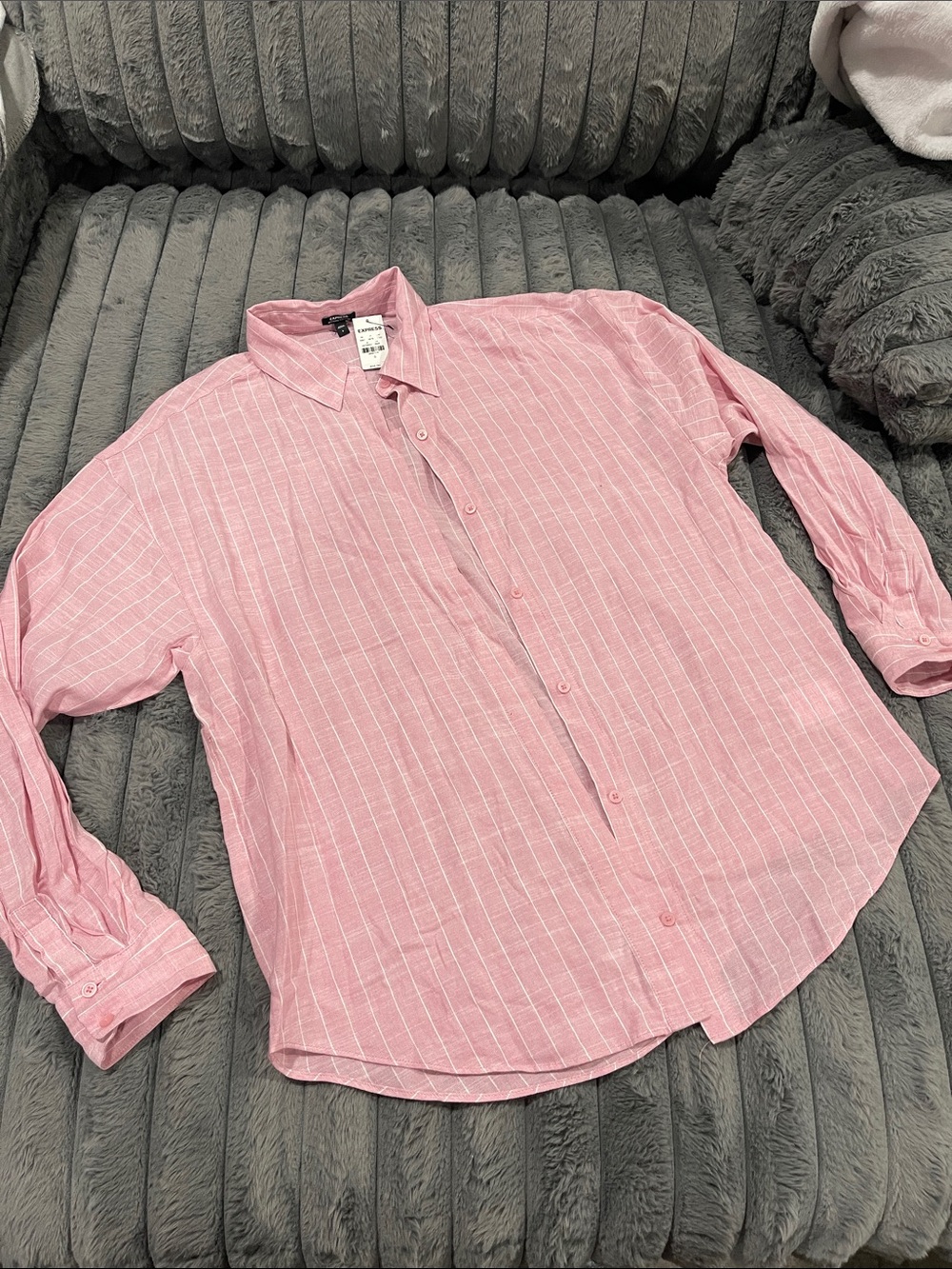 Express Pink & White Oversized Striped Button-Down Shirt